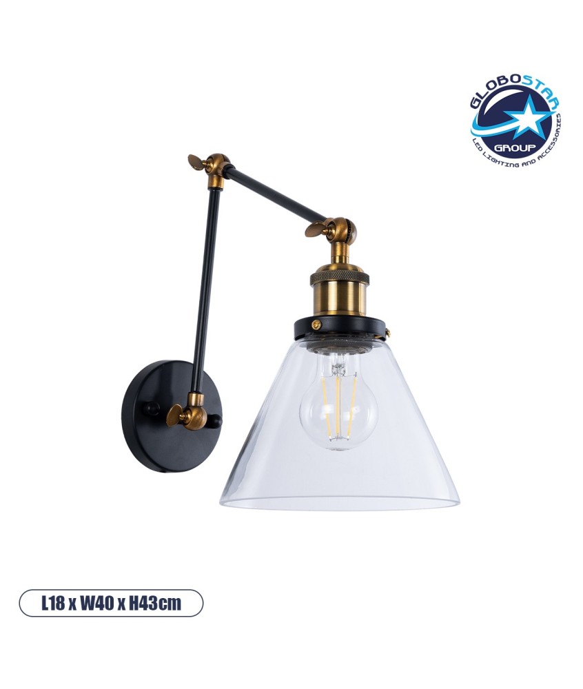 GLOBOSTAR® BINGLEY 01068 Vintage Φωτιστικό Τοίχου - Απλίκα με Ντουί 1 x E27 AC 220-240V IP20 - Διάφανο & Χρυσό - Μ18 x Π40 x Υ43cm